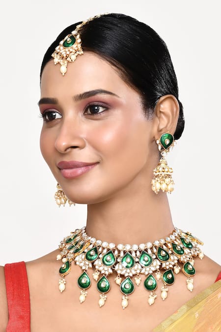 Our Purple Studio Gold Plated Kundan Enamelled Embellished Necklace Set 