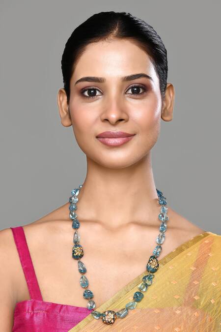 Our Purple Studio_Blue Beaded Hand Painted Motif Necklace _Online_at_Aza_Fashions
