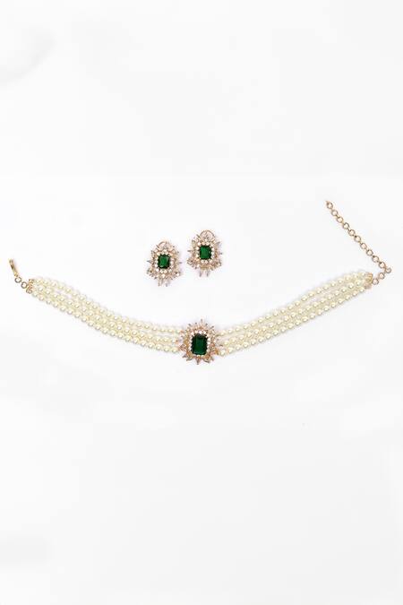 Shop_Our Purple Studio_Green Stone Embellished Pearl Multi Strand Necklace_at_Aza_Fashions