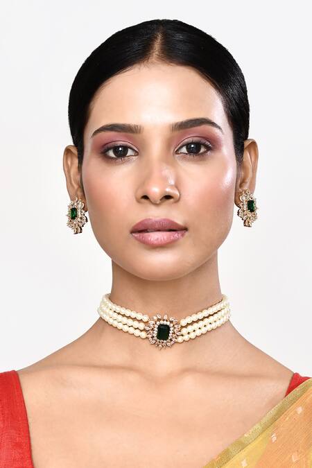 Buy_Our Purple Studio_Green Stone Embellished Pearl Multi Strand Necklace_Online_at_Aza_Fashions