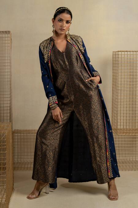 Pooja-Keyur_Blue Brocade, Silk Applique, Sequins, Neela Floral Pattern Jumpsuit With Jacket_Online_at_Aza_Fashions