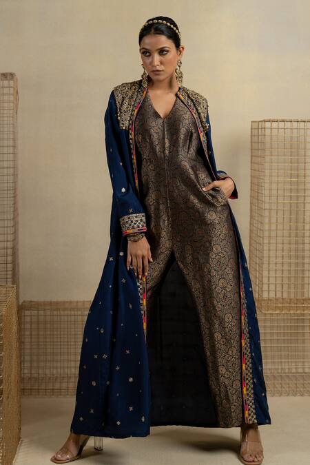 Buy_Pooja-Keyur_Blue Brocade, Silk Applique, Sequins, Neela Floral Pattern Jumpsuit With Jacket_Online_at_Aza_Fashions