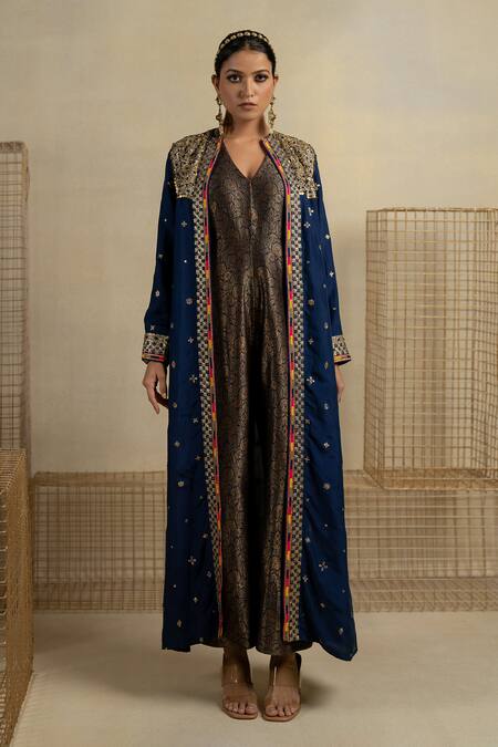 Shop_Pooja-Keyur_Blue Brocade, Silk Applique, Sequins, Neela Floral Pattern Jumpsuit With Jacket_Online_at_Aza_Fashions