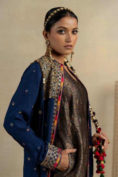 Pooja-Keyur_Blue Brocade, Silk Applique, Sequins, Neela Floral Pattern Jumpsuit With Jacket_at_Aza_Fashions