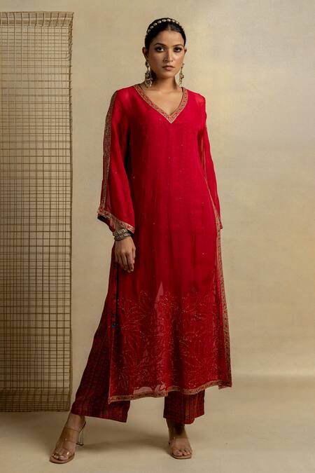 Pooja-Keyur Pink Organza, Cotton Satin Embroidery, Gulal Kurta And Bagh Printed Pant Set