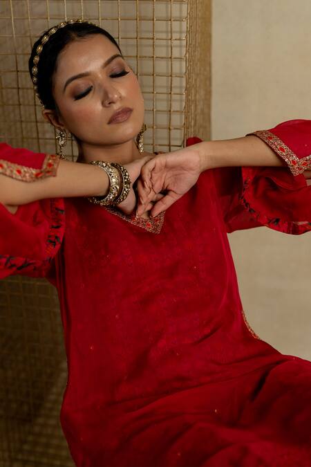 Pooja-Keyur Pink Organza, Cotton Satin Embroidery, Gulal Kurta And Bagh Printed Pant Set at Aza Fashions Pooja-Keyur_Pink Organza, Cotton Satin Embroidery, Gulal Kurta And Bagh Printed Pant Set_at_Aza_Fashions