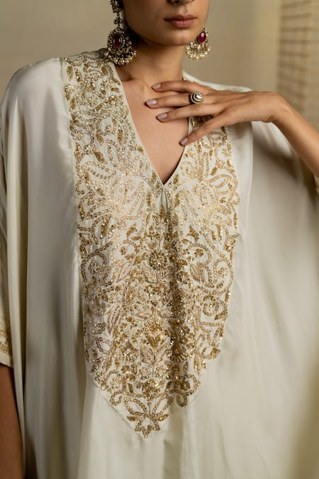Pooja-Keyur_White Silk Sequins, Applique, Embroidery Abil Floral Yoke Kaftan And Palazzo Set_Online_at_Aza_Fashions