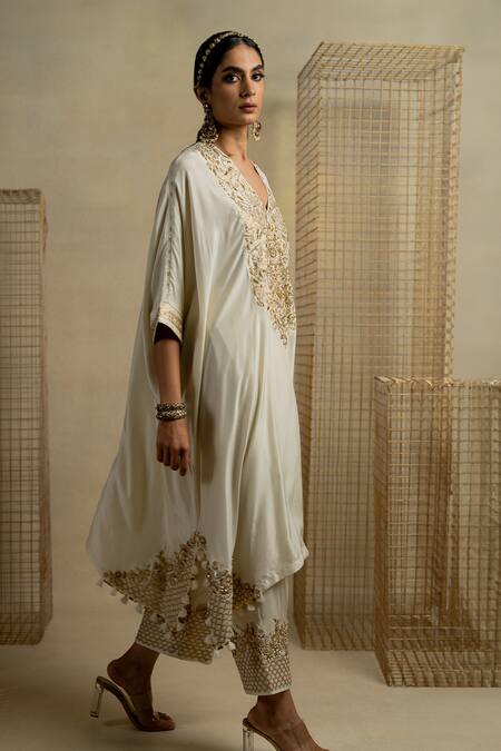 Buy_Pooja-Keyur_White Silk Sequins, Applique, Embroidery Abil Floral Yoke Kaftan And Palazzo Set_Online_at_Aza_Fashions