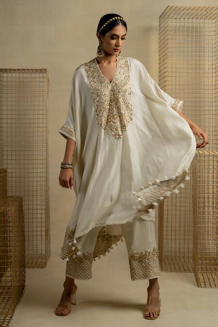 Pooja-Keyur_White Silk Sequins, Applique, Embroidery Abil Floral Yoke Kaftan And Palazzo Set_at_Aza_Fashions