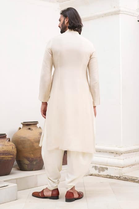 Amrit Dawani_Beige Chanderi, Cotton Embroidery Border Bloom Angarkha Kurta With Dhoti _Online_at_Aza_Fashions