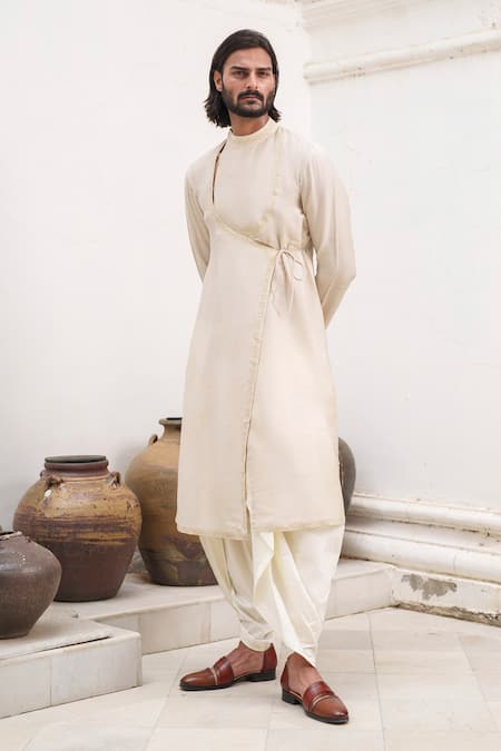 Shop_Amrit Dawani_Beige Chanderi, Cotton Embroidery Border Bloom Angarkha Kurta With Dhoti _Online_at_Aza_Fashions