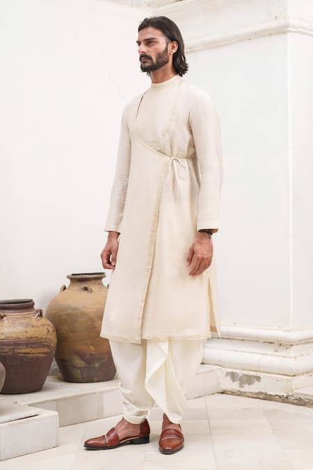 Amrit Dawani_Beige Chanderi, Cotton Embroidery Border Bloom Angarkha Kurta With Dhoti _at_Aza_Fashions