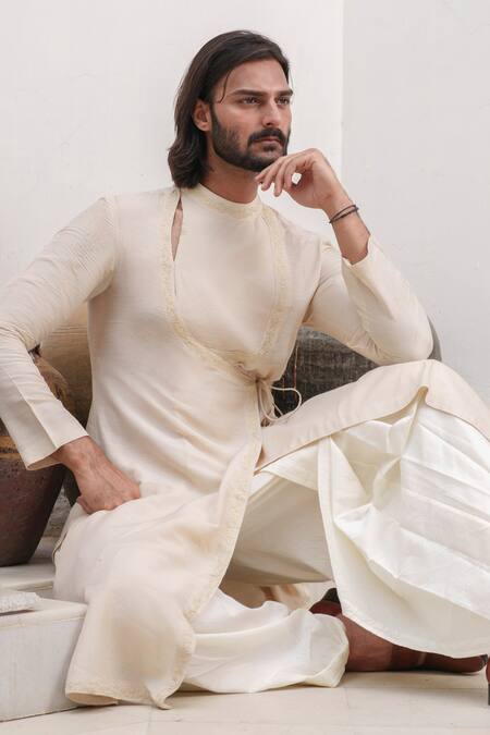 Shop_Amrit Dawani_Beige Chanderi, Cotton Embroidery Border Bloom Angarkha Kurta With Dhoti 