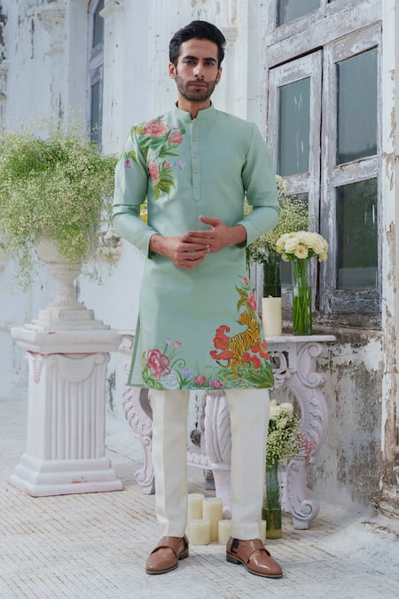 Amrit Dawani Green Cotton Blend Hand Paint Wild Blossom Kurta With Trouser