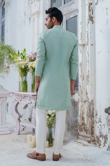 Amrit Dawani_Green Cotton, Silk Embroidery Wild Blossom Hand Painted Kurta With Trouser _Online_at_Aza_Fashions
