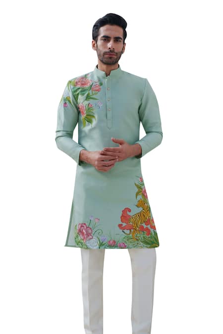 Buy Amrit Dawani Green Cotton, Silk Embroidery Wild Blossom Hand Painted Kurta With Trouser Online at Aza Fashions Buy_Amrit Dawani_Green Cotton, Silk Embroidery Wild Blossom Hand Painted Kurta With Trouser _Online_at_Aza_Fashions