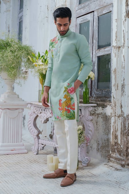 Shop_Amrit Dawani_Green Cotton, Silk Embroidery Wild Blossom Hand Painted Kurta With Trouser _Online_at_Aza_Fashions