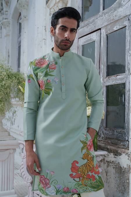 Buy_Amrit Dawani_Green Cotton, Silk Embroidery Wild Blossom Hand Painted Kurta With Trouser 