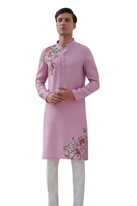 Buy_Amrit Dawani_Purple Cotton, Silk Wild Monkey Woods Hand Painted Kurta With Trouser _Online_at_Aza_Fashions