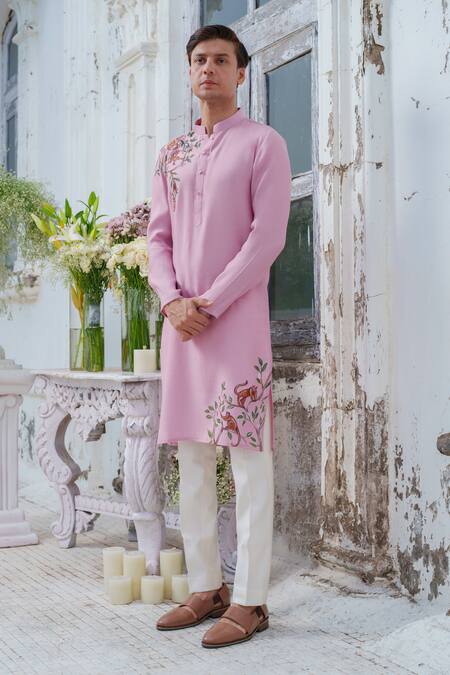 Shop_Amrit Dawani_Purple Cotton, Silk Wild Monkey Woods Hand Painted Kurta With Trouser _Online_at_Aza_Fashions