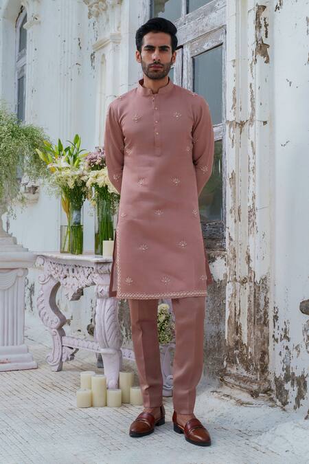 Shop_Amrit Dawani_Brown Modal, Silk Beads Bloom Petal Embroidered Kurta With Trouser _Online_at_Aza_Fashions