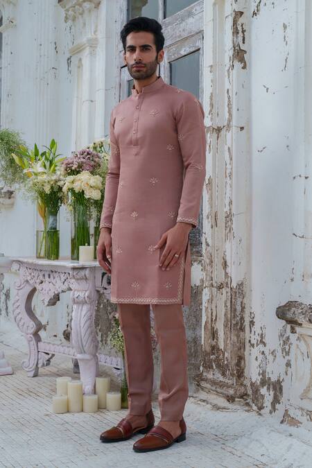 Amrit Dawani_Brown Modal, Silk Beads Bloom Petal Embroidered Kurta With Trouser _at_Aza_Fashions