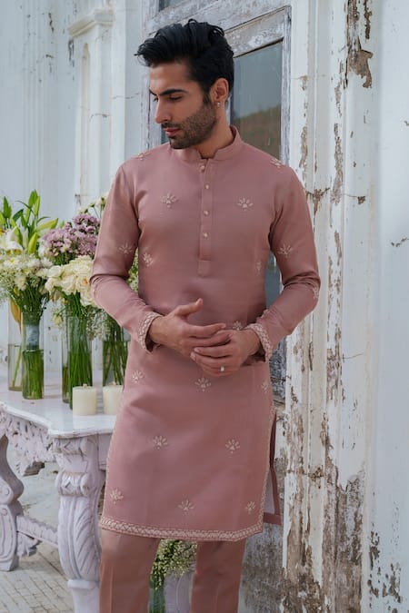 Shop_Amrit Dawani_Brown Modal, Silk Beads Bloom Petal Embroidered Kurta With Trouser 