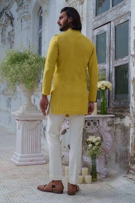 Shop_Amrit Dawani_Green Cotton, Silk Embroidery Bullian Leaf Motif Kurta With Trouser _at_Aza_Fashions