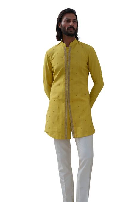Amrit Dawani_Green Cotton, Silk Embroidery Bullian Leaf Motif Kurta With Trouser _Online_at_Aza_Fashions
