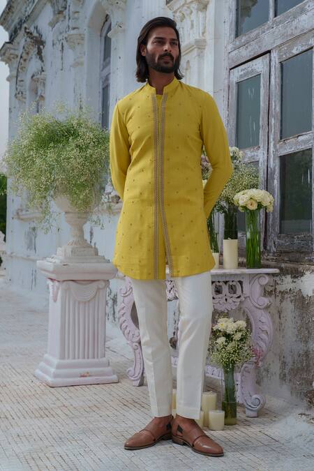 Buy_Amrit Dawani_Green Cotton, Silk Embroidery Bullian Leaf Motif Kurta With Trouser _Online_at_Aza_Fashions