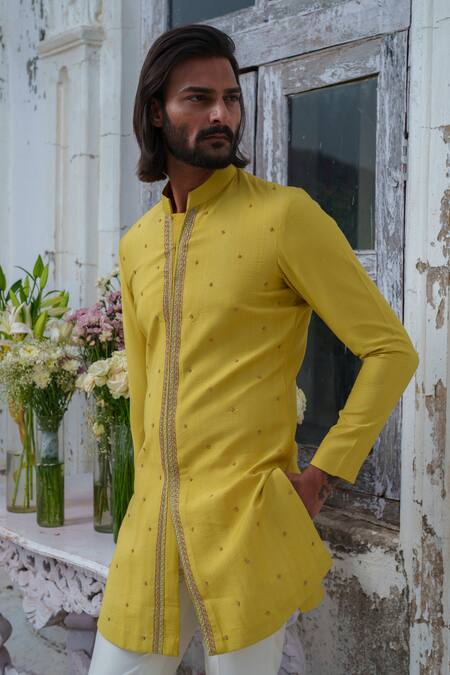 Shop_Amrit Dawani_Green Cotton, Silk Embroidery Bullian Leaf Motif Kurta With Trouser 