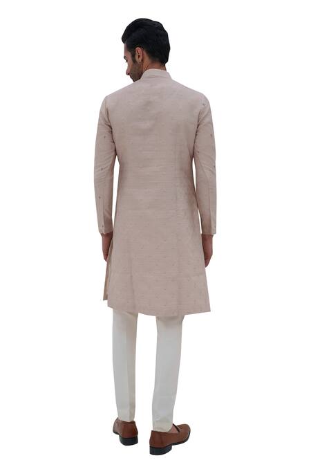 Amrit Dawani_Beige Cotton, Silk Embroidery Banarasi Knot Kurta With Trouser_Online_at_Aza_Fashions