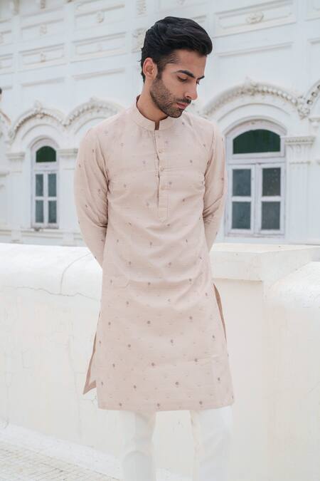 Buy_Amrit Dawani_Beige Cotton, Silk Embroidery Banarasi Knot Kurta With Trouser_Online_at_Aza_Fashions