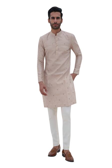 Shop_Amrit Dawani_Beige Cotton, Silk Embroidery Banarasi Knot Kurta With Trouser_Online_at_Aza_Fashions