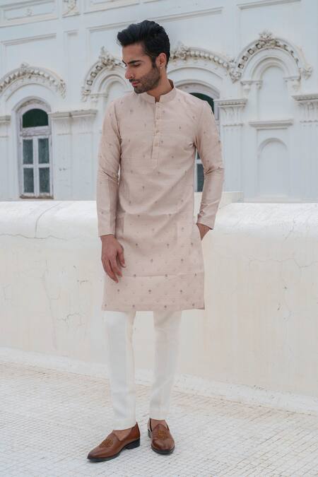 Amrit Dawani_Beige Cotton, Silk Embroidery Banarasi Knot Kurta With Trouser_at_Aza_Fashions