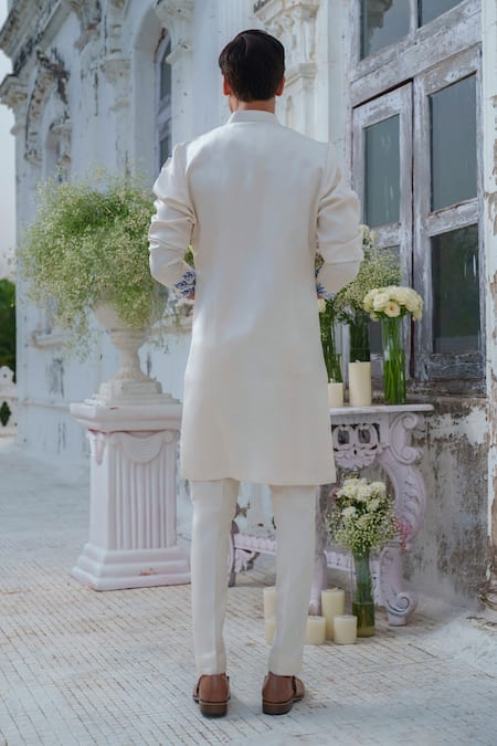 Amrit Dawani_Ivory Cotton, Silk Embroidery Wild Woods Hand Painted Kurta With Trouser _Online_at_Aza_Fashions