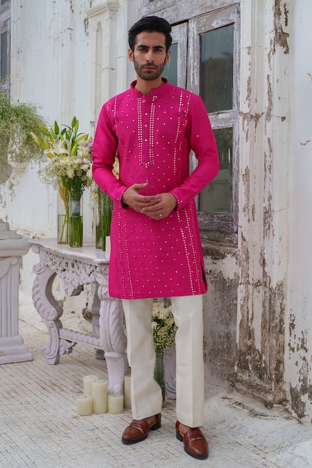 Amrit Dawani Pink Raw Silk Embroidery Mirror Flora Jaal Kurta With Pant