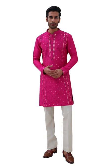 Amrit Dawani_Pink Cotton, Silk Mirrors Flora Jaal Embroidered Kurta With Pant _Online_at_Aza_Fashions
