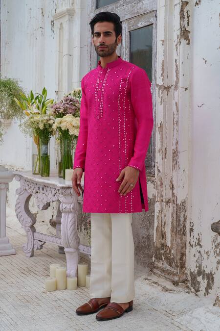 Buy_Amrit Dawani_Pink Cotton, Silk Mirrors Flora Jaal Embroidered Kurta With Pant _Online_at_Aza_Fashions