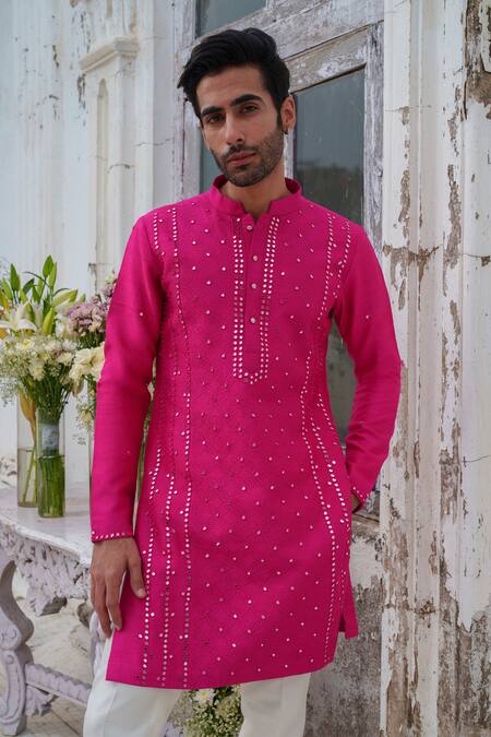 Amrit Dawani_Pink Cotton, Silk Mirrors Flora Jaal Embroidered Kurta With Pant _at_Aza_Fashions