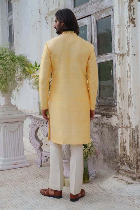 Shop Amrit Dawani Yellow Cotton, Silk Mirrors Phool Vine Embroidered Kurta With Pant at Aza Fashions Shop_Amrit Dawani_Yellow Cotton, Silk Mirrors Phool Vine Embroidered Kurta With Pant _at_Aza_Fashions