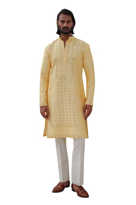 Amrit Dawani Yellow Cotton, Silk Mirrors Phool Vine Embroidered Kurta With Pant Online at Aza Fashions Amrit Dawani_Yellow Cotton, Silk Mirrors Phool Vine Embroidered Kurta With Pant _Online_at_Aza_Fashions