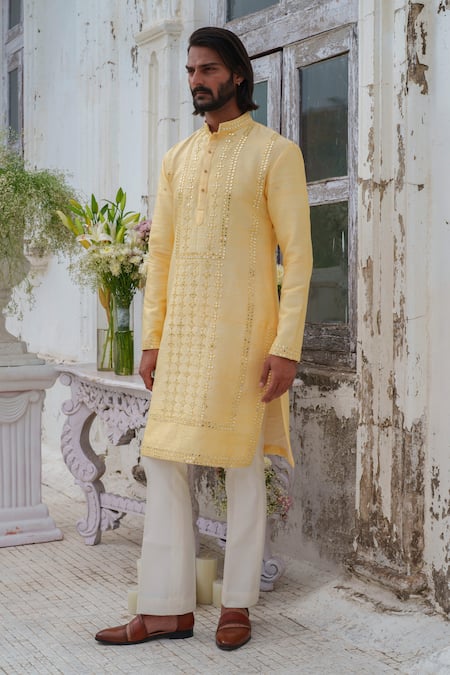 Buy Amrit Dawani Yellow Cotton, Silk Mirrors Phool Vine Embroidered Kurta With Pant Online at Aza Fashions Buy_Amrit Dawani_Yellow Cotton, Silk Mirrors Phool Vine Embroidered Kurta With Pant _Online_at_Aza_Fashions