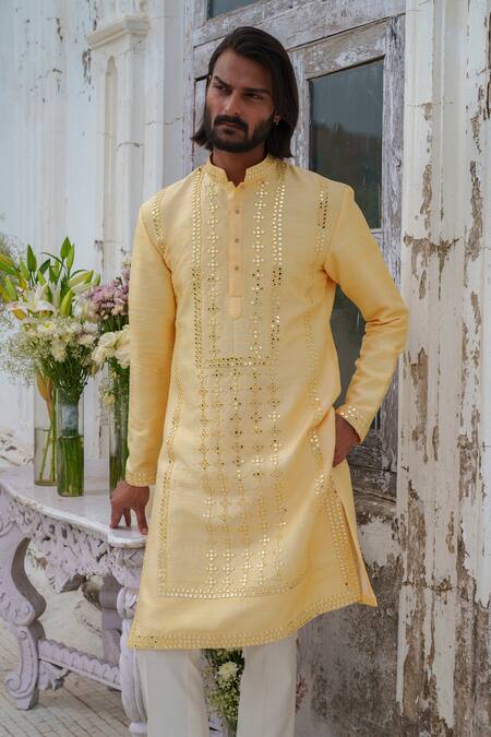 Amrit Dawani Yellow Cotton, Silk Mirrors Phool Vine Embroidered Kurta With Pant at Aza Fashions Amrit Dawani_Yellow Cotton, Silk Mirrors Phool Vine Embroidered Kurta With Pant _at_Aza_Fashions