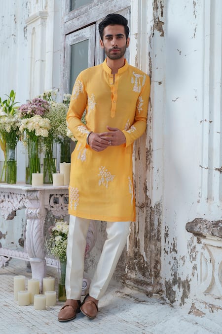 Amrit Dawani Yellow Muslin Embroidery Royal Peacock Kurta With Trouser