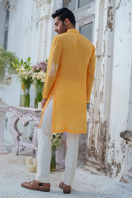 Amrit Dawani_Yellow Muslin, Cotton, Silk Embroidery Royal Peacock Kurta With Trouser _Online_at_Aza_Fashions