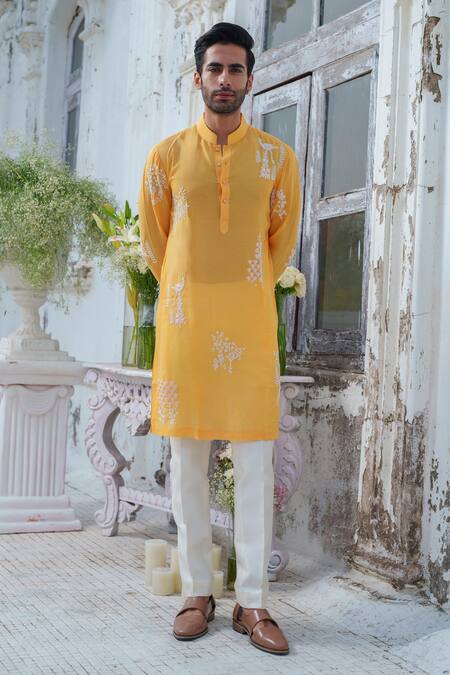 Buy_Amrit Dawani_Yellow Muslin, Cotton, Silk Embroidery Royal Peacock Kurta With Trouser _Online_at_Aza_Fashions