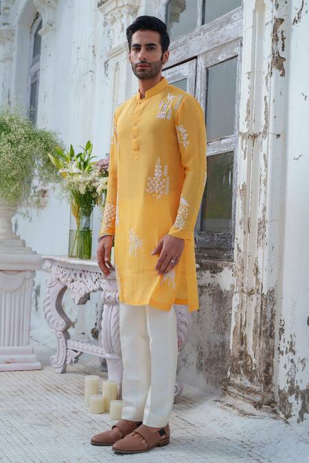 Shop_Amrit Dawani_Yellow Muslin, Cotton, Silk Embroidery Royal Peacock Kurta With Trouser _Online_at_Aza_Fashions