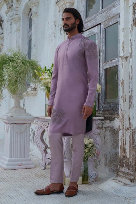 Shop_Amrit Dawani_Purple Cotton, Silk Embroidery Blossom Kurta With Trouser _Online_at_Aza_Fashions