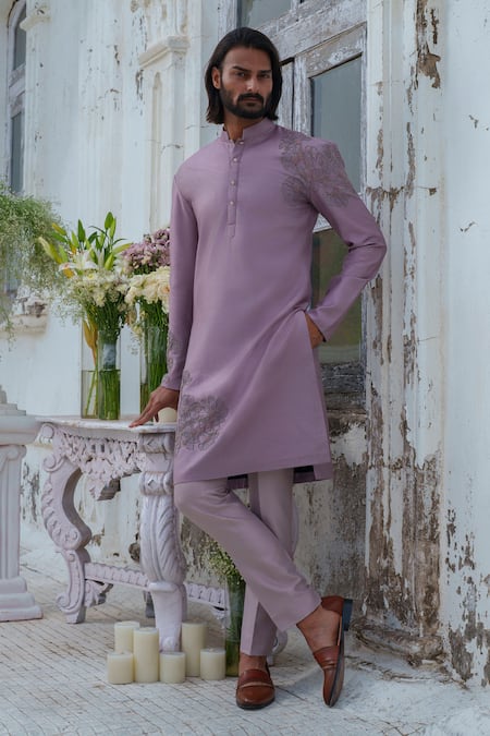Shop_Amrit Dawani_Purple Cotton, Silk Embroidery Blossom Kurta With Trouser 